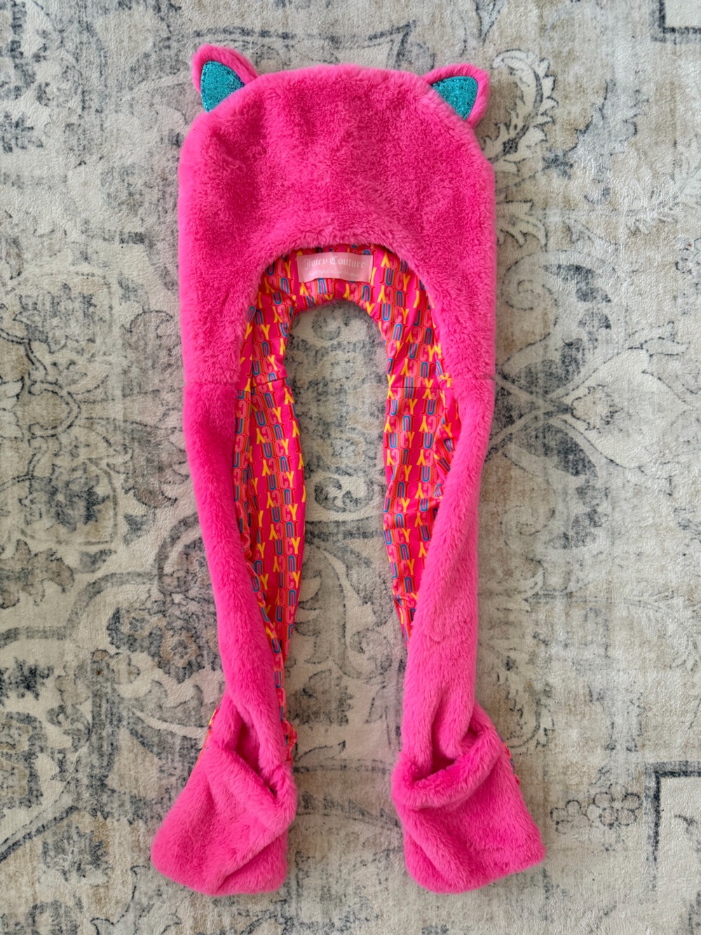 Juicy Couture Bright Hot Pink Plush Bunny Ear Hat with Multicolor Lining